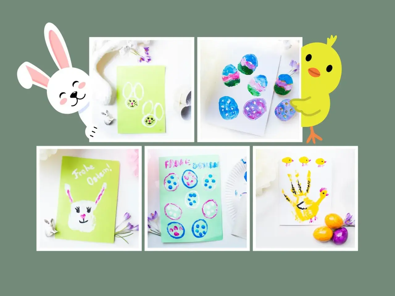 Bilder zeigen Ideen zum Osterkarte basteln: bunte Ostereier, Hasen und Küken aus Fingerabdrücken.