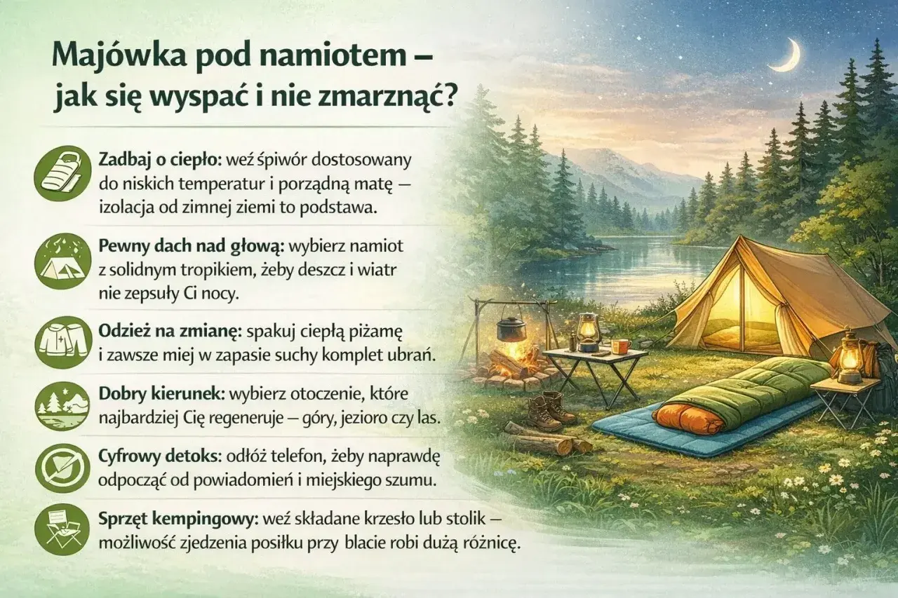 Nocleg pod namiotem: ciepły śpiwór, pewny dach, suche ubrania i cyfrowy detoks to klucz do udanej majówki. Unikaj błędów, by nie zmarznąć!