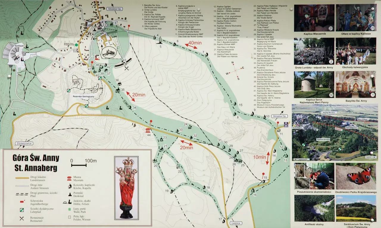 Mapa Góry Św. Anny z zaznaczonymi kaplicami, drogami i zabytkami.