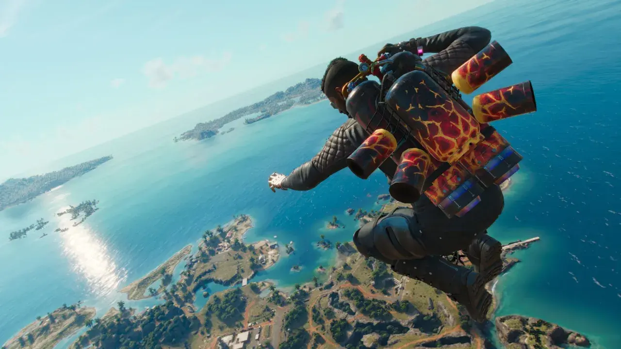 Gracz z plecakiem odrzutowym spada nad tropikalną wyspą. To ujęcie z gry Far Cry 6 poradnik.