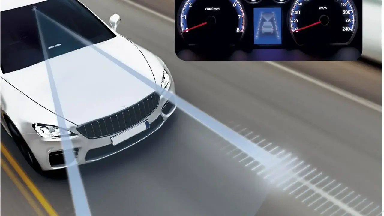 Un coche blanco con sensores en el parabrisas emite haces de luz, mostrando que es la ISA (Asistente Inteligente de Velocidad) en acción.