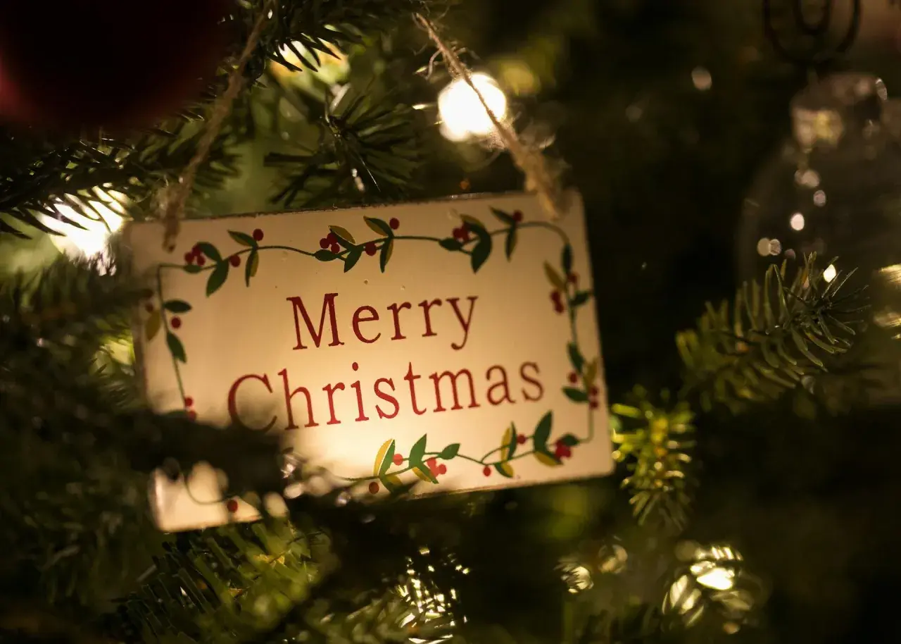 Un cartello appeso all'albero di Natale con la scritta "Merry Christmas" in inglese, circondato da lucine e rami.
