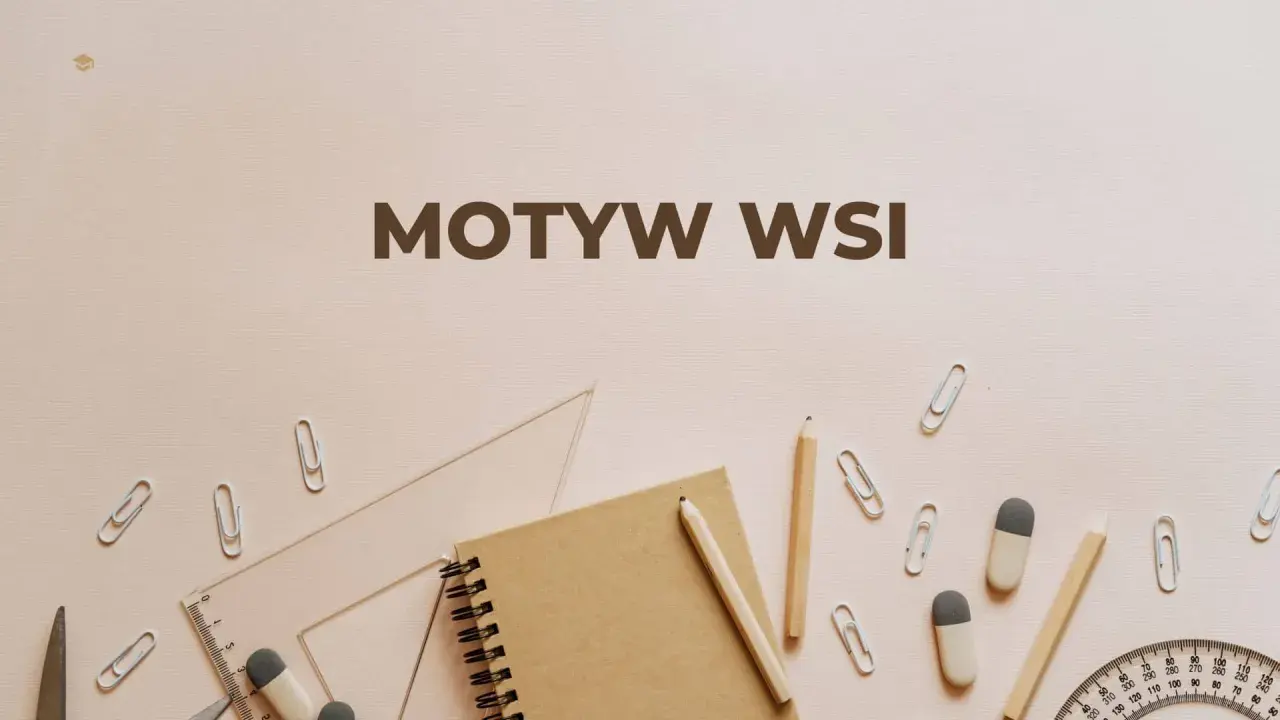Motyw wsi w literaturze. Notatnik, ołówki, linijka i spinacze na jasnym tle.