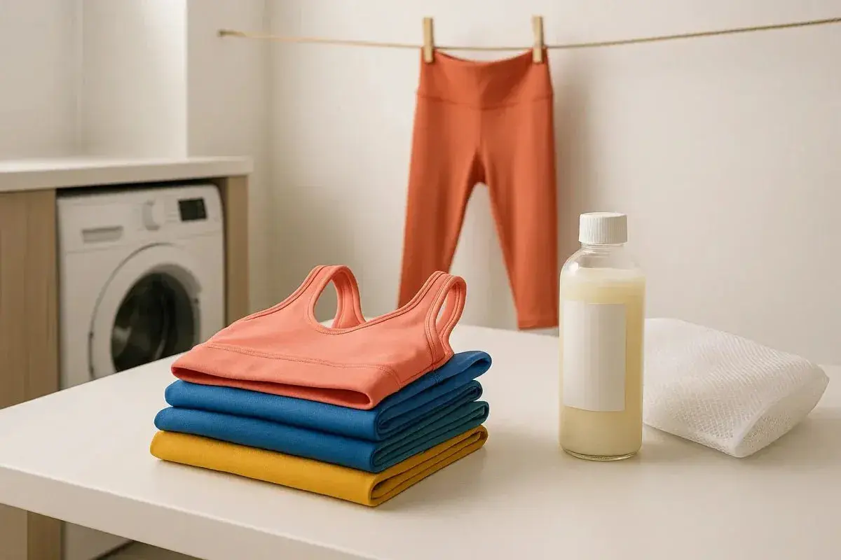 Sportbekleidung aus Elasthan waschen: Ein Sport-BH und Leggings hängen zum Trocknen, daneben liegen gefaltete Sportkleidung, Waschmittel und ein Wäschenetz.