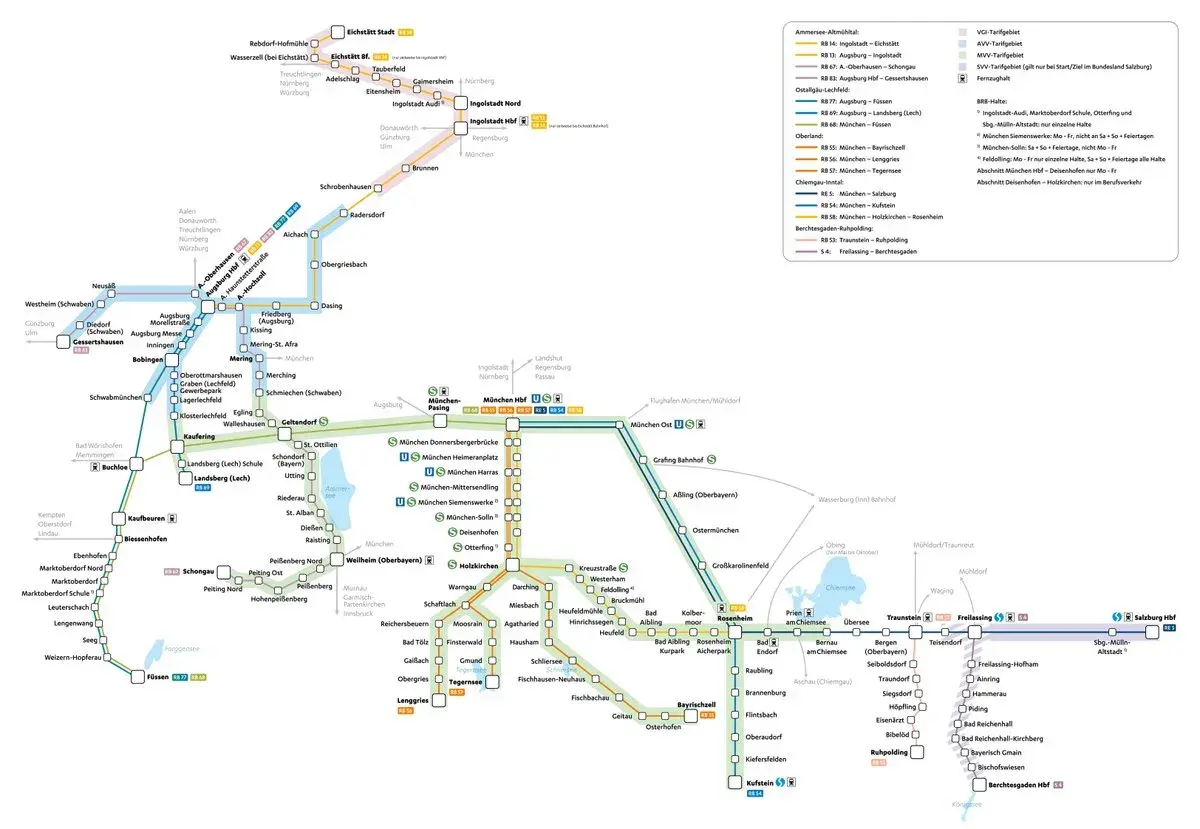 Liniennetz der bayerischen Regionbahn mit Verbindungen von München über Augsburg und Ingolstadt bis nach Salzburg.