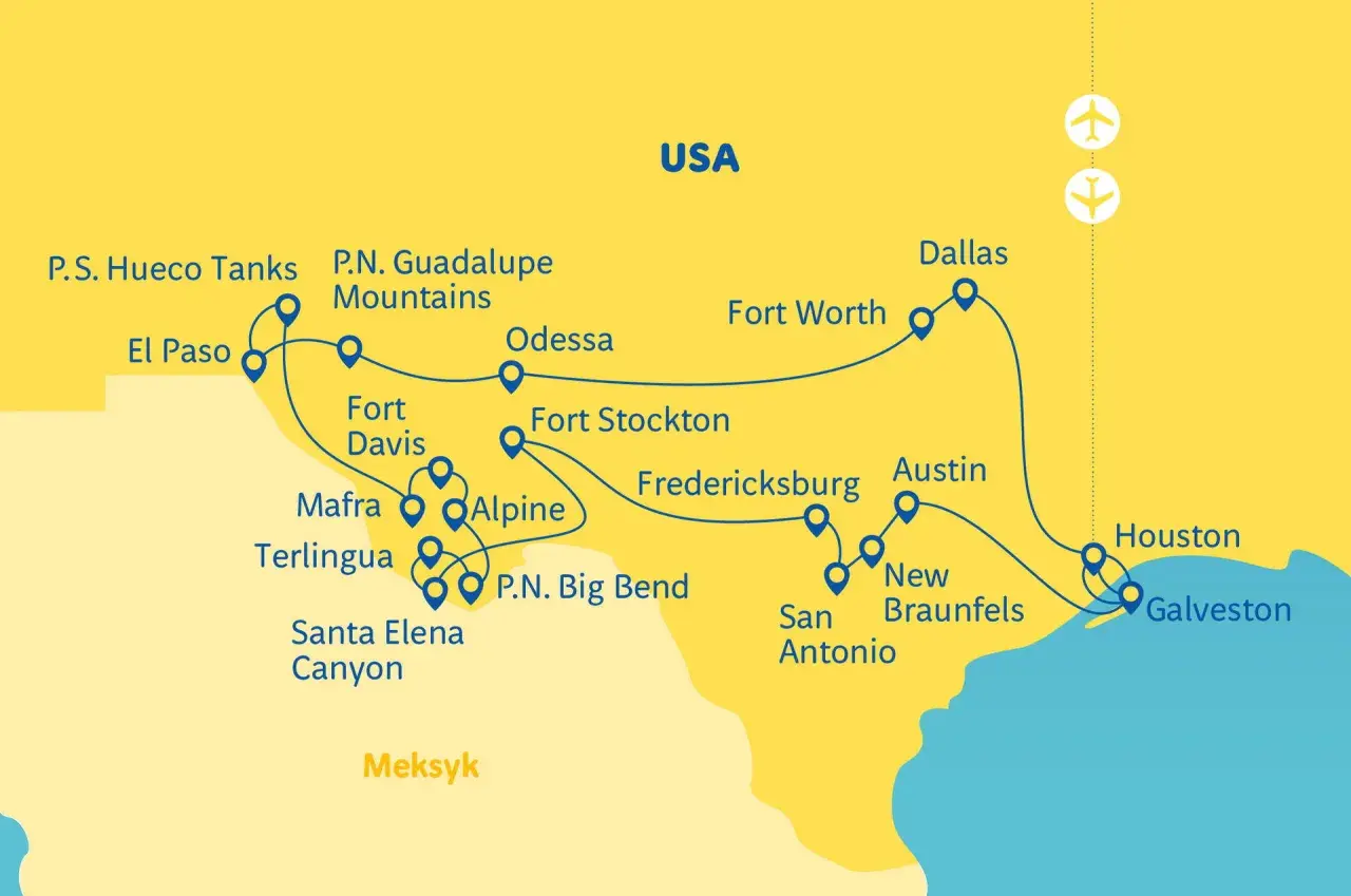Mapa Teksasu z zaznaczonymi miastami i atrakcjami, w tym stolicą Teksasu, Austin.