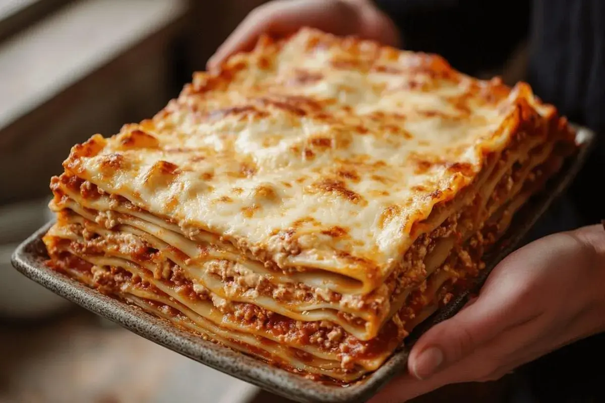 Une généreuse part de lasagne italienne, empilée de pâtes, sauce à la viande et fromage fondant. Parfait pour une recette lasagne italienne maison.