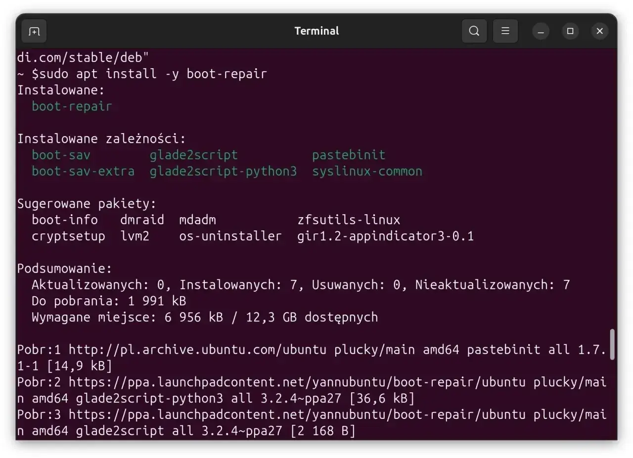 Instalacja pakietu boot-repair w terminalu Ubuntu. Wymaga on m.in. boot-sav i glade2script.