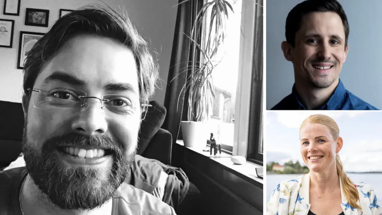 Tre porträtt av svenska personer. En man med glasögon och skägg i svartvitt, en man i blå skjorta och en kvinna med blont hår i färgglad jacka.