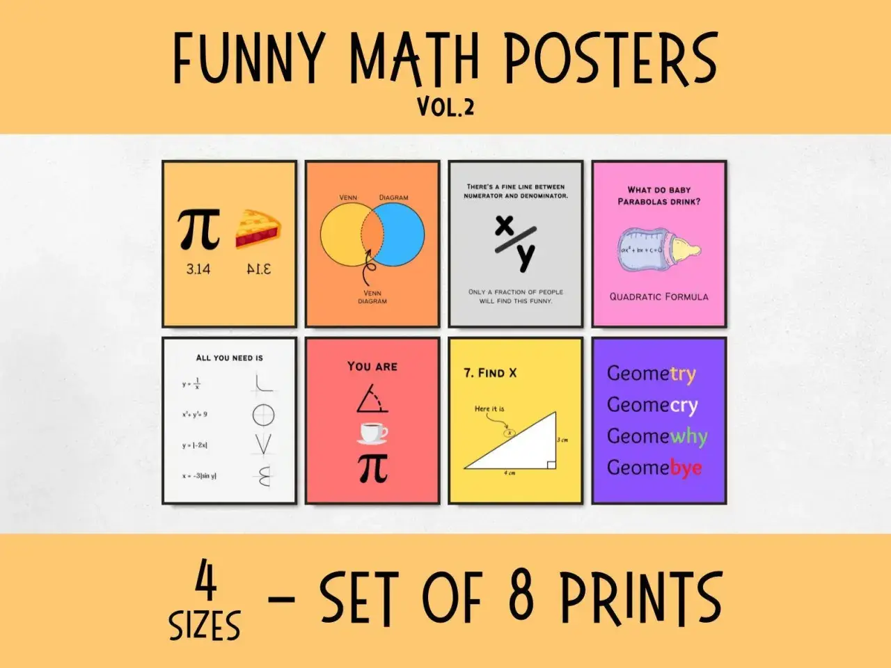 Humorvolle Poster, die Mathematik und Kunst vereinen: Pi als Kuchen, Venn-Diagramme, Brüche und mehr.