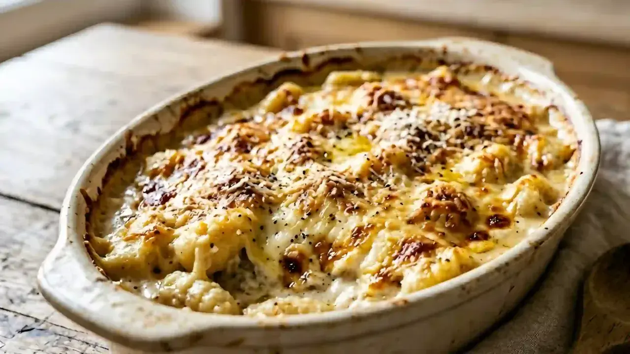 Un plat gratiné de gnocchi à la romaine, doré et appétissant, avec du fromage fondu et du poivre noir.