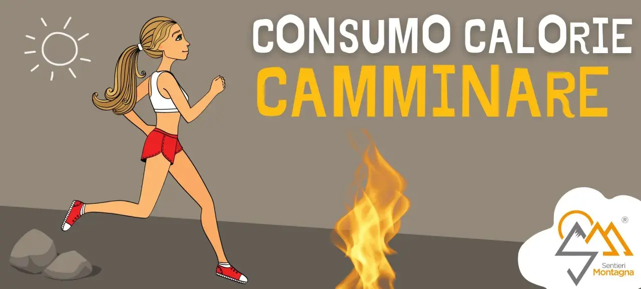 Donna corre sotto il sole, simbolo di calorie bruciate camminando. Fiamme indicano il consumo energetico.