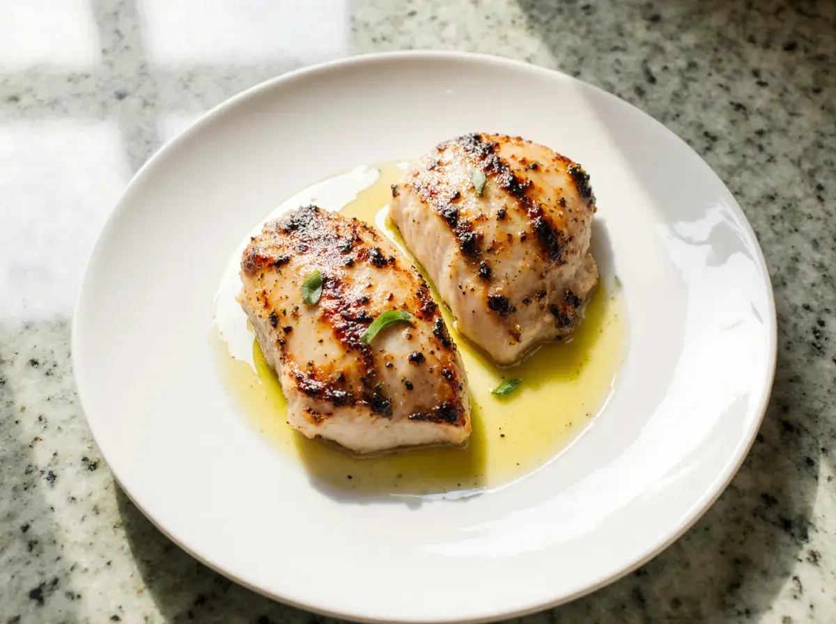 Deux morceaux de blanc de poulet airfryer, dorés et juteux, servis sur une assiette blanche avec un filet d'huile et quelques herbes.