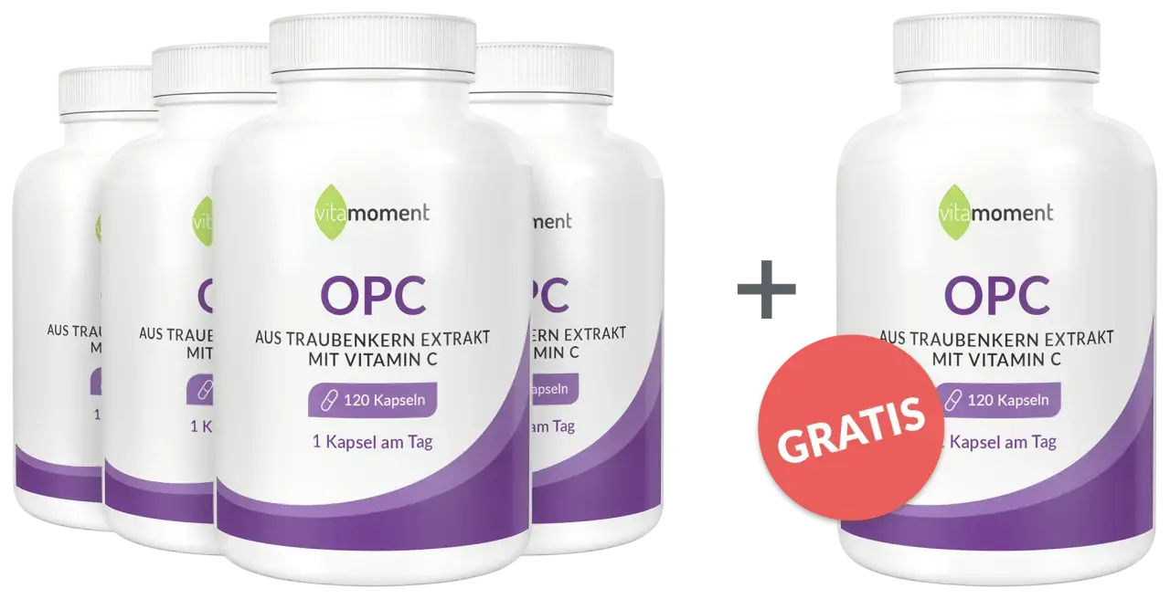 Flaschen mit OPC Traubenkernextrakt und Vitamin C. Ein Gratis-Angebot hebt die OPC Vorteile hervor.