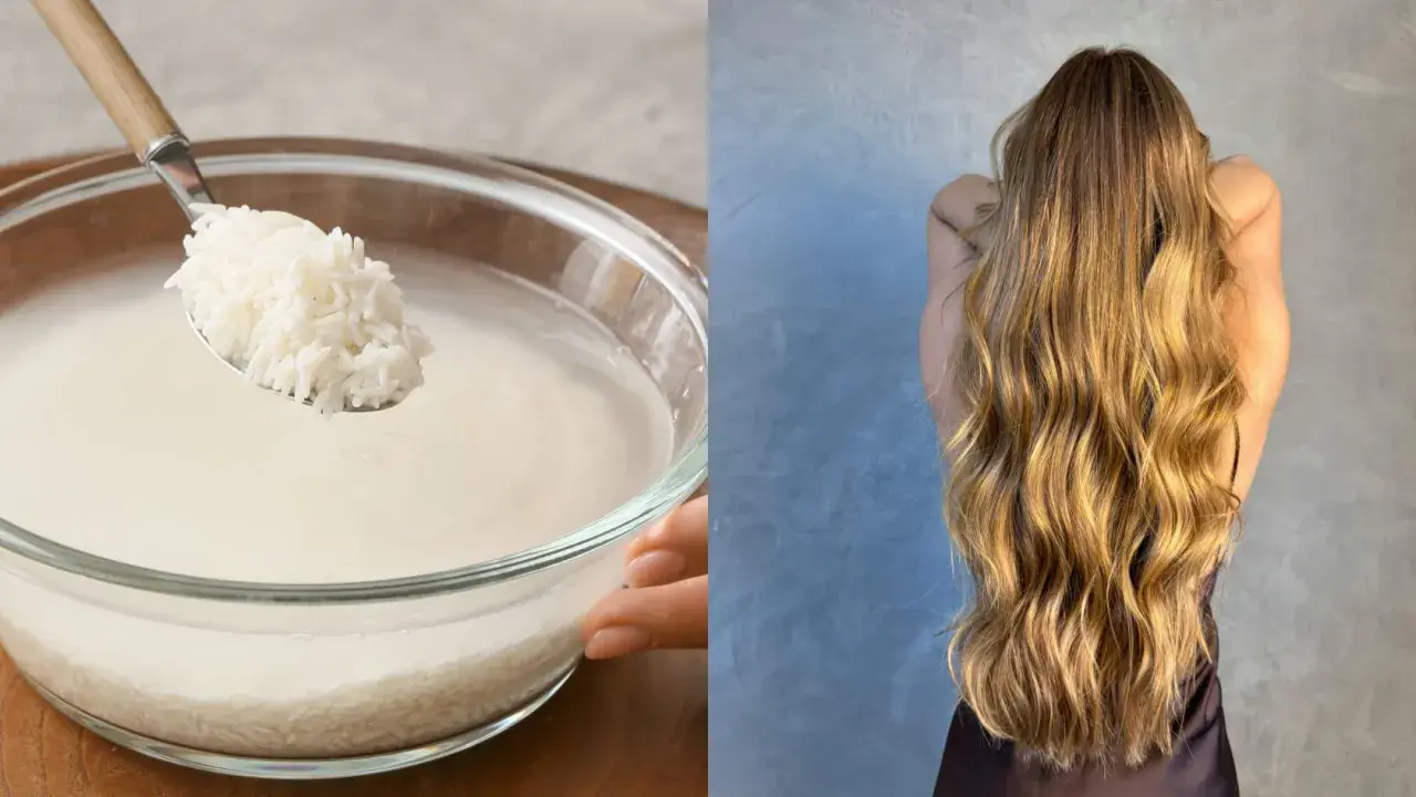 Agua de arroz para el pelo: un tazón con arroz y agua, y una mujer con cabello largo y rubio.