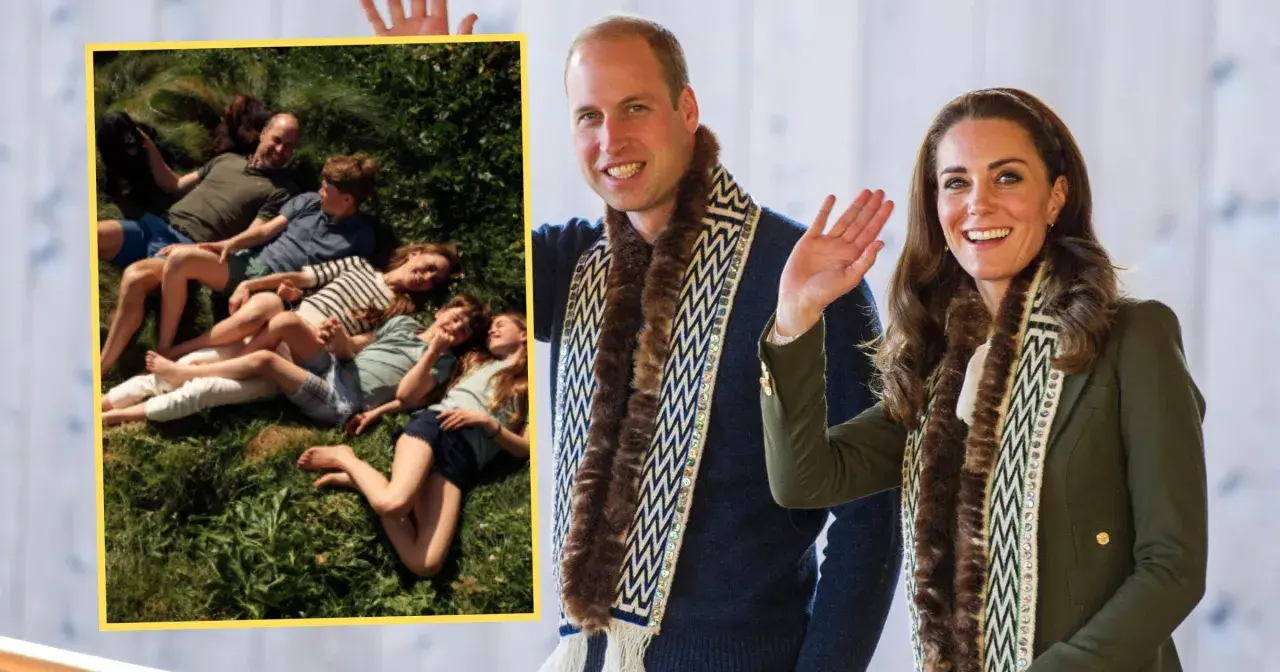 Kate i William z dziećmi odpoczywają na trawie. Książę i księżna pozdrawiają, ubrani w ozdobne szale.