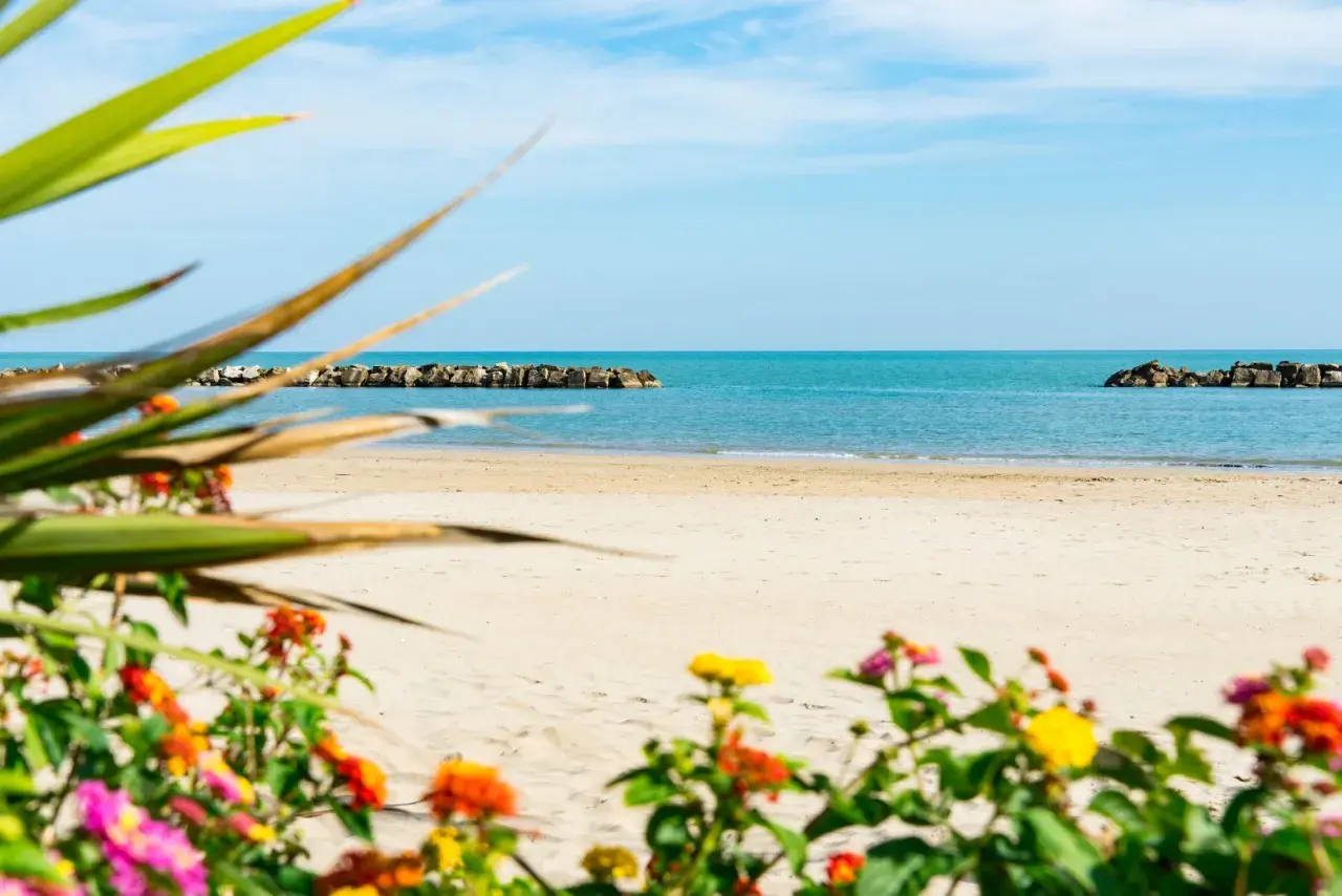 Spiaggia di Porto San Giorgio con fiori colorati in primo piano e il mare azzurro sullo sfondo. Sembra una padella gigante per la forma delle dighe frangiflutti.