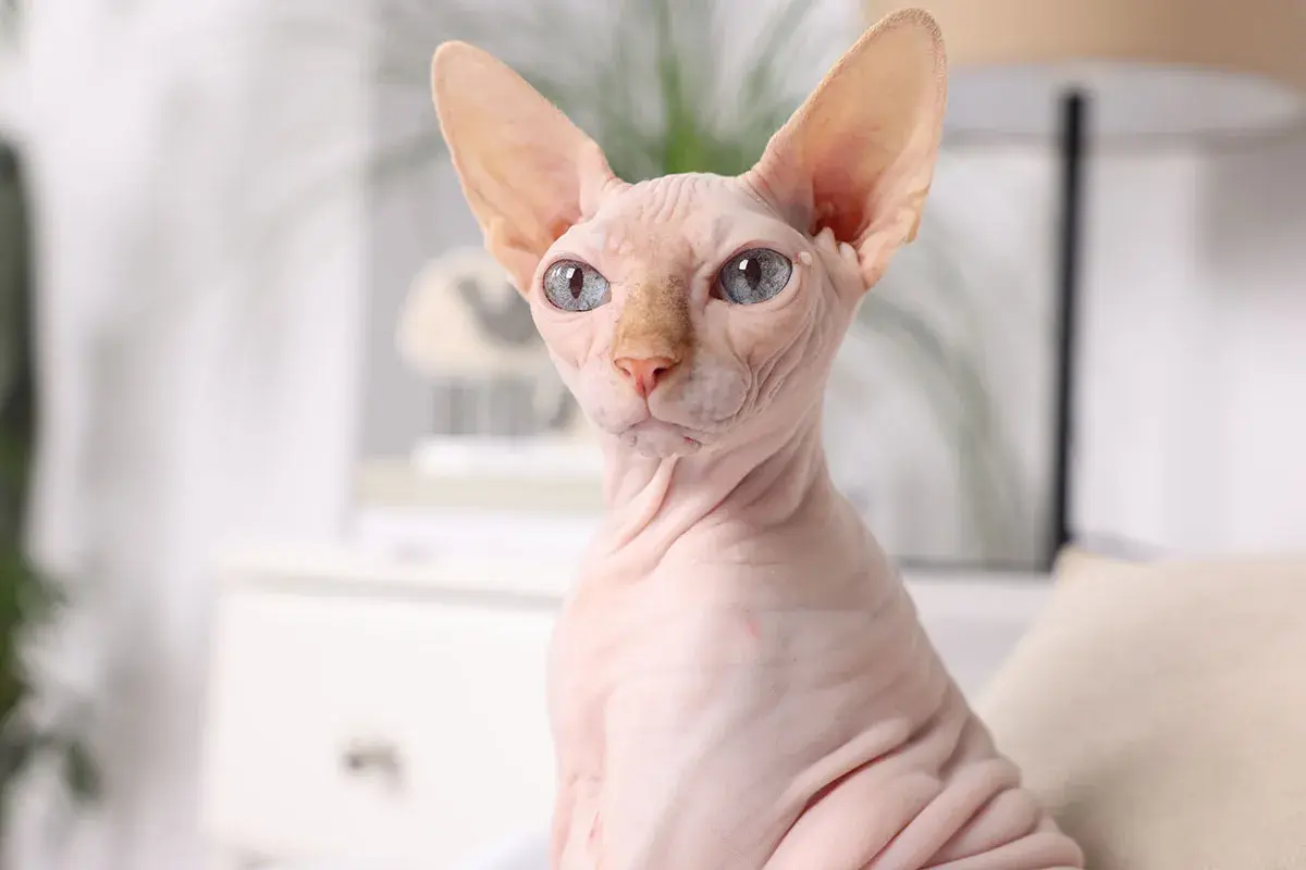 Un chat égyptien sans poil, aux yeux bleus perçants, pose avec dignité. Sa peau ridée et rose est douce au toucher.