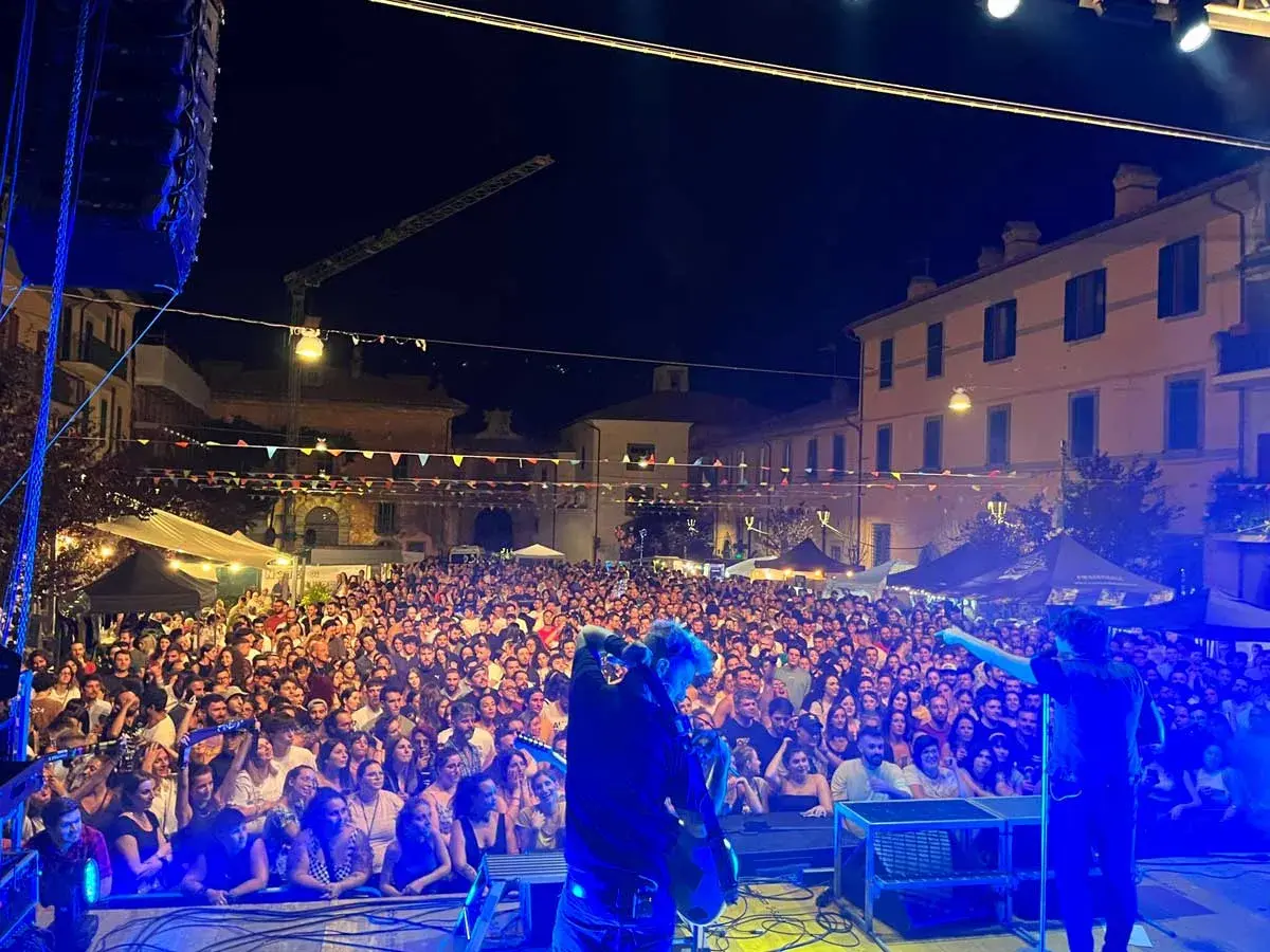 Folla immensa a una festa del luppolo, con musicisti sul palco che intrattengono il pubblico sotto un cielo stellato.