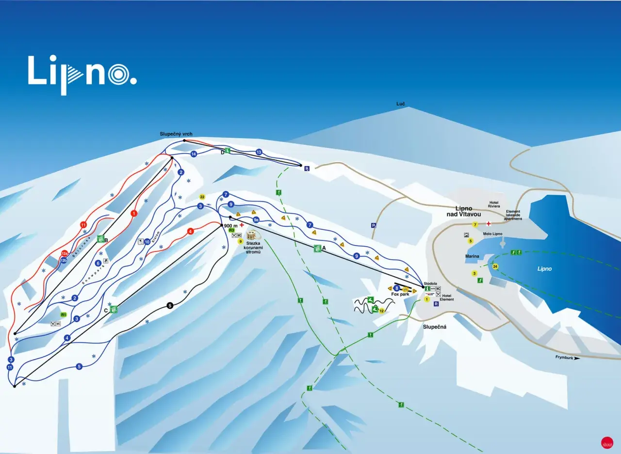 Übersichtskarte des Lipno Skigebiets mit Pisten, Liften und Orten wie Lipno nad Vltavou.