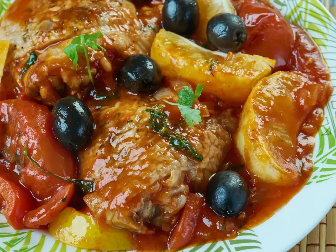 Un plat de daube de bœuf mijoté avec des tomates, des olives noires et des pommes de terre, garni de persil frais.