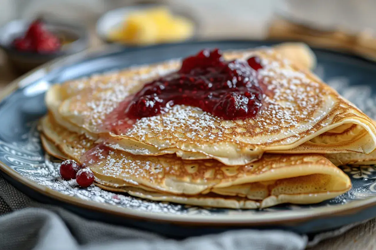 En hög med pannkakor toppas med sylt och pudrat socker. Perfekt för frukost, och ja, man kan frysa in pannkakor för senare njutning.