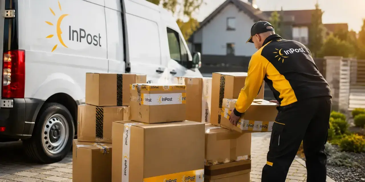 Kurier InPost odbiera paczki. Kiedy będzie moja przesyłka? Stos paczek czeka na odbiór przez kuriera InPost.