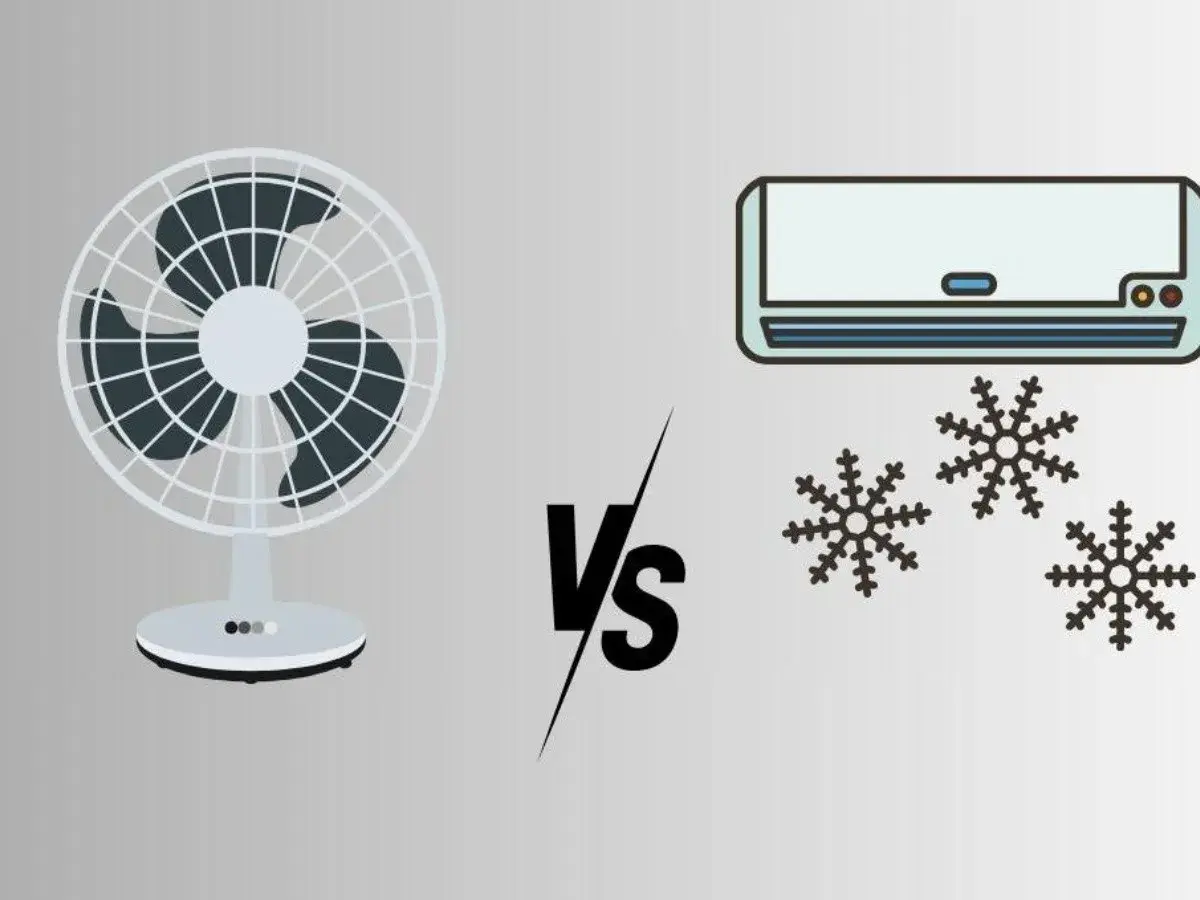 Ventilador vs. aire acondicionado. El ventilador genera brisa, el aire acondicionado, frío con copos de nieve.