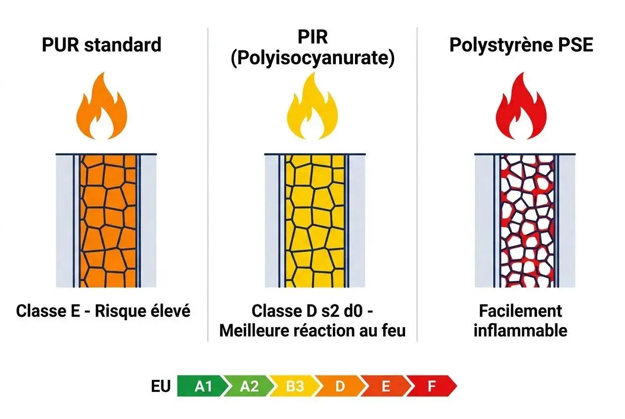 Comparaison de la réaction au feu de l'isolation : PUR standard (classe E), PIR (meilleure réaction) et polystyrène PSE (facilement inflammable).