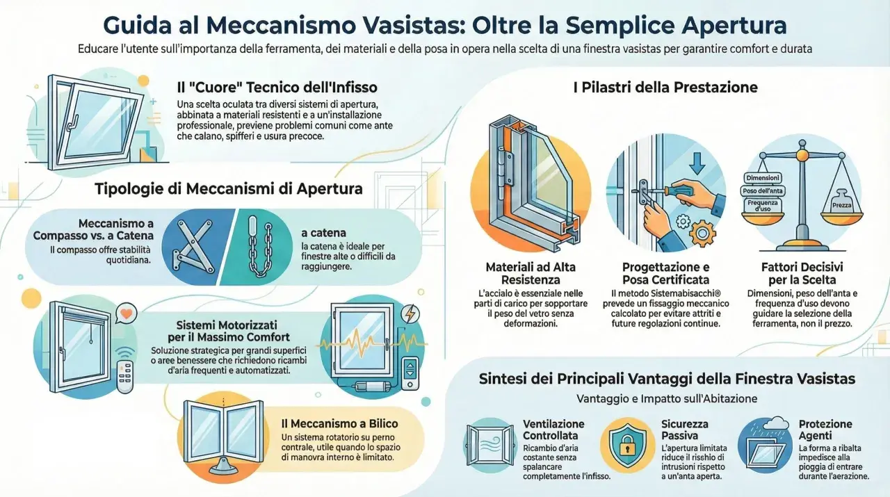Guida al meccanismo vasistas: illustra i tipi di apertura, come il compasso e la catena, e i sistemi motorizzati, evidenziando l'importanza della ferramenta.