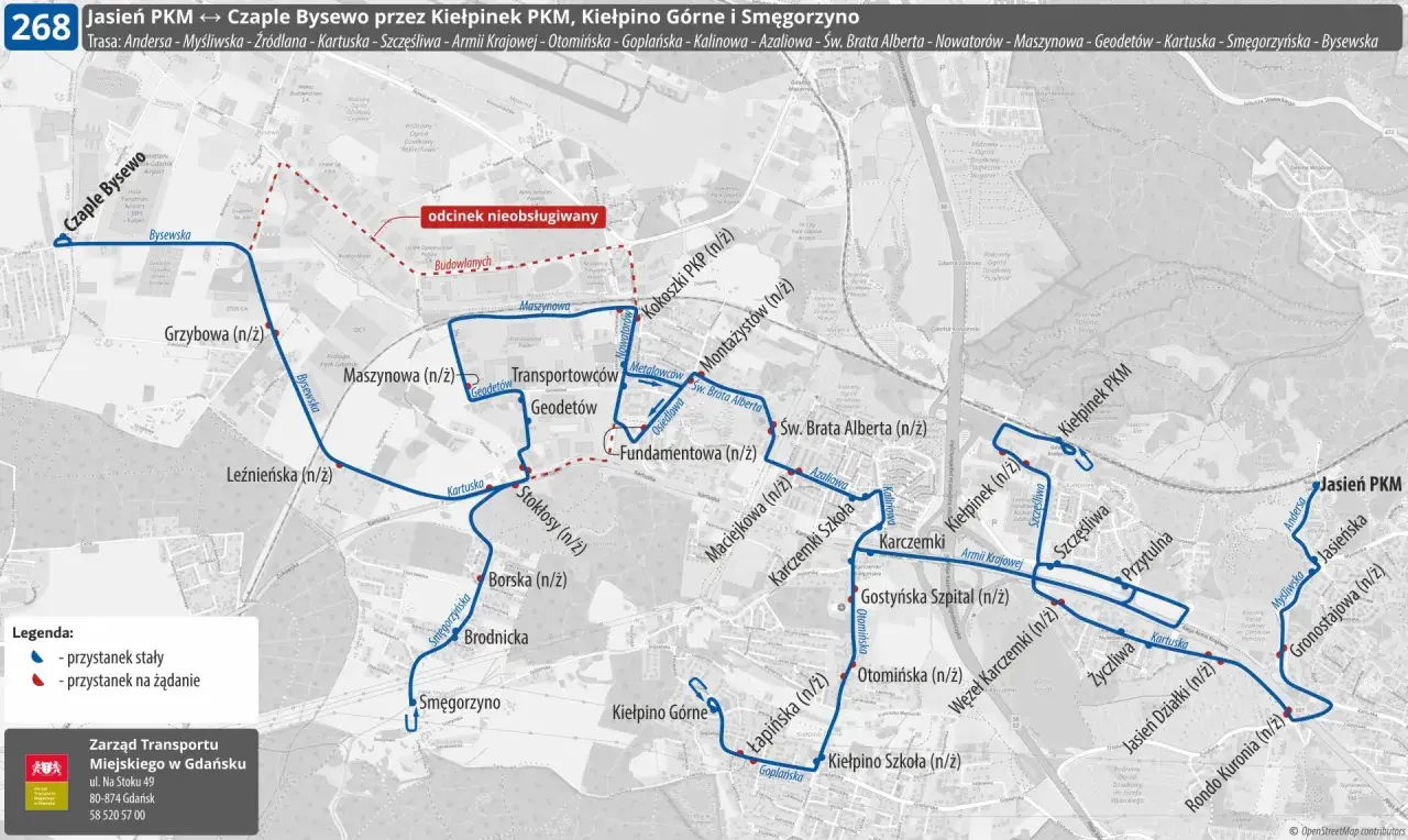 Mapa z zaznaczoną trasą autobusu w Gdańsku, z przystankami i nazwami ulic.