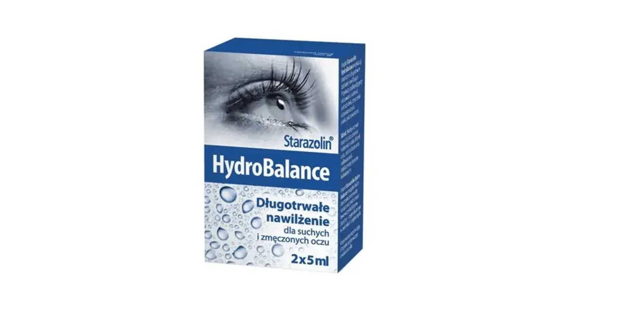 Opakowanie Starazolin HydroBalance, z wizerunkiem oka, zapewnia długotrwałe nawilżenie dla suchych i zmęczonych oczu.
