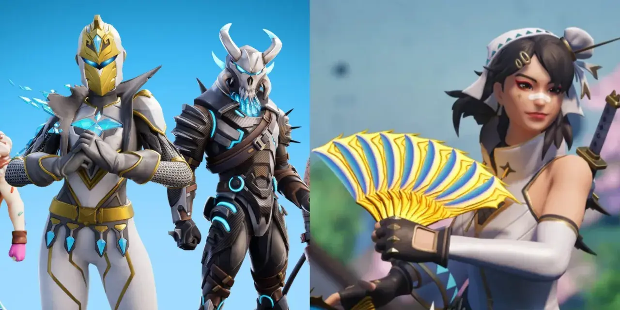 Postacie z Fortnite: rycerz w bieli i złocie, wojownik z czaszką i dziewczyna z wachlarzem. Spocone kilofy Fortnite czekają na graczy!