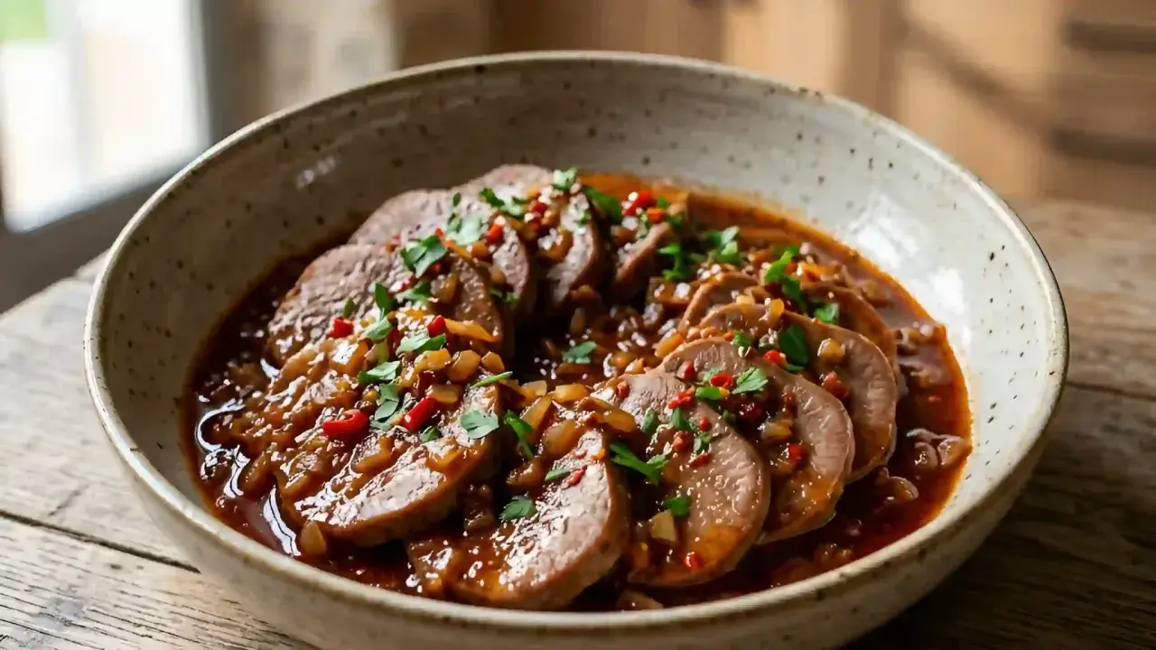 Tranches de langue de bœuf tendres dans une sauce riche, garnies de persil frais et de piment. Un plat savoureux et réconfortant.