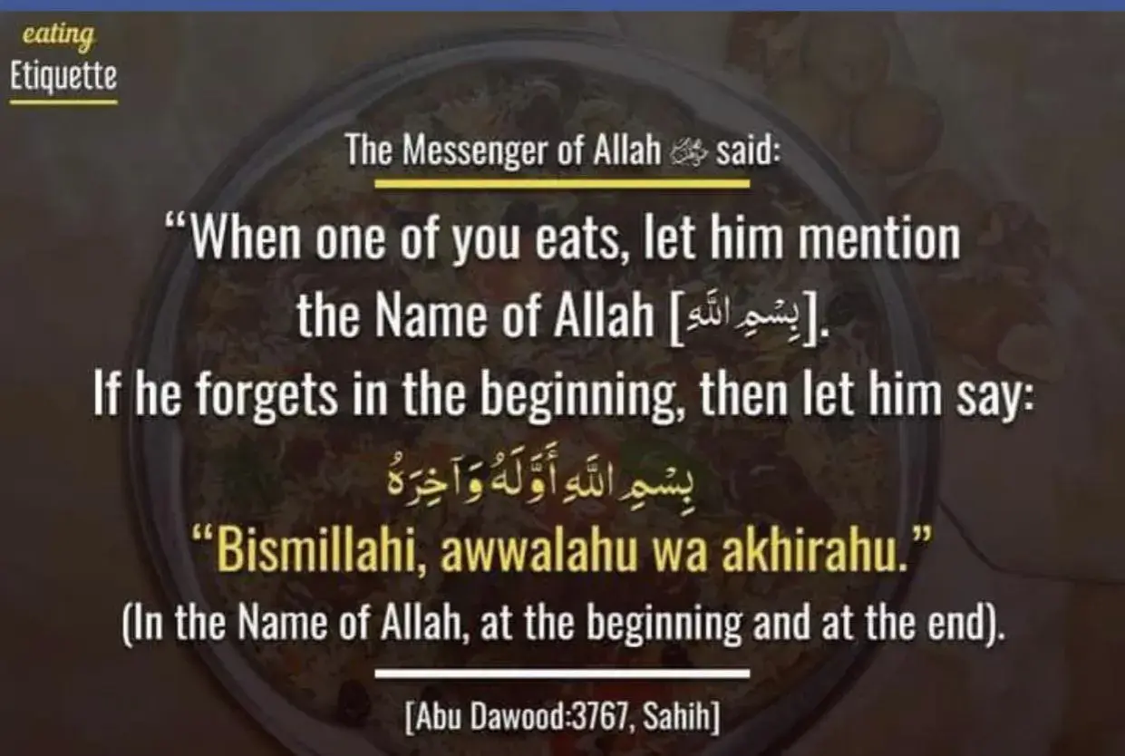 En bild med text om att säga "Bismillah" före måltiden. Bismillah betyder "I Allahs namn".