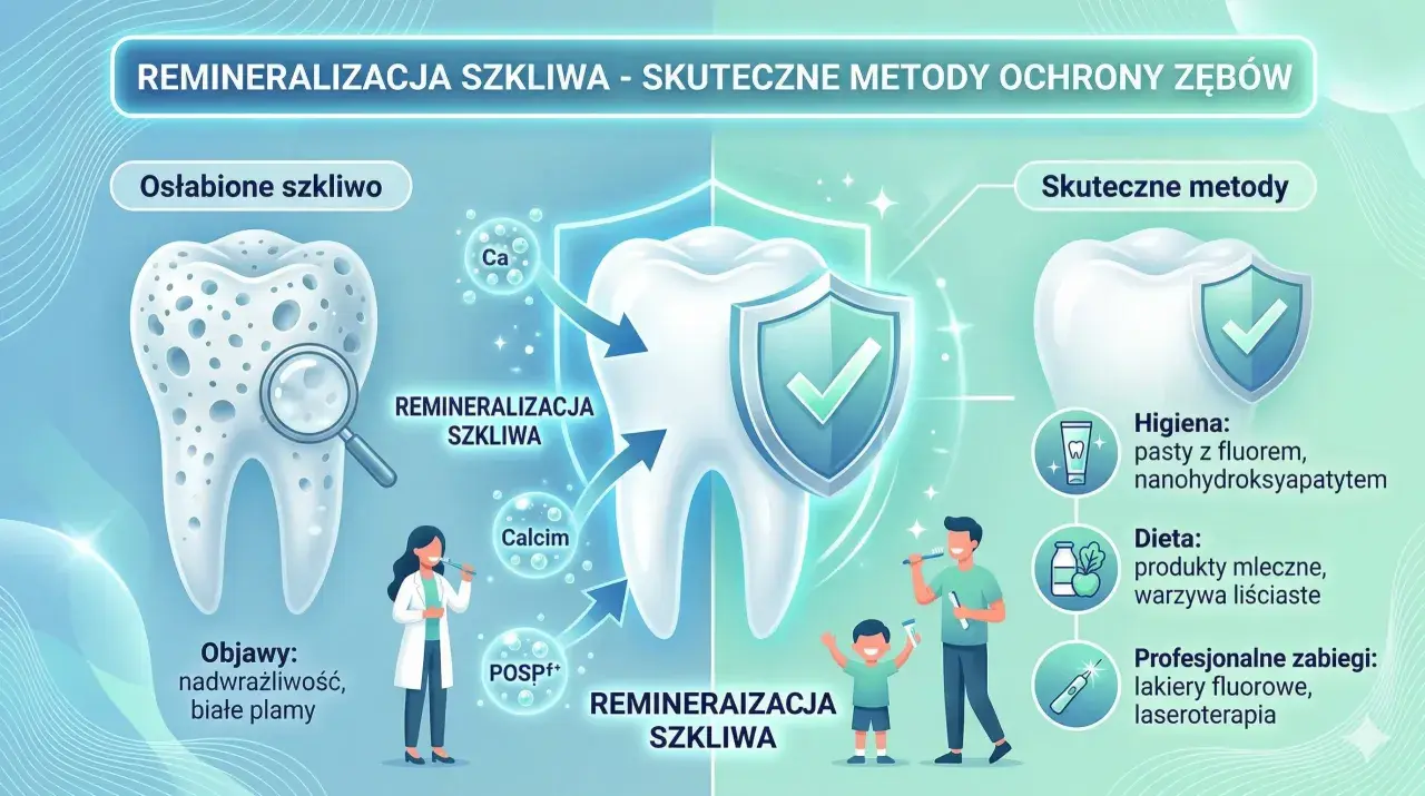 Jak wzmocnić zęby? Grafika pokazuje remineralizację szkliwa przez wapń i fosforany, higienę (pasty z fluorem), dietę (nabiał, warzywa) i zabiegi (lakiery, laser).