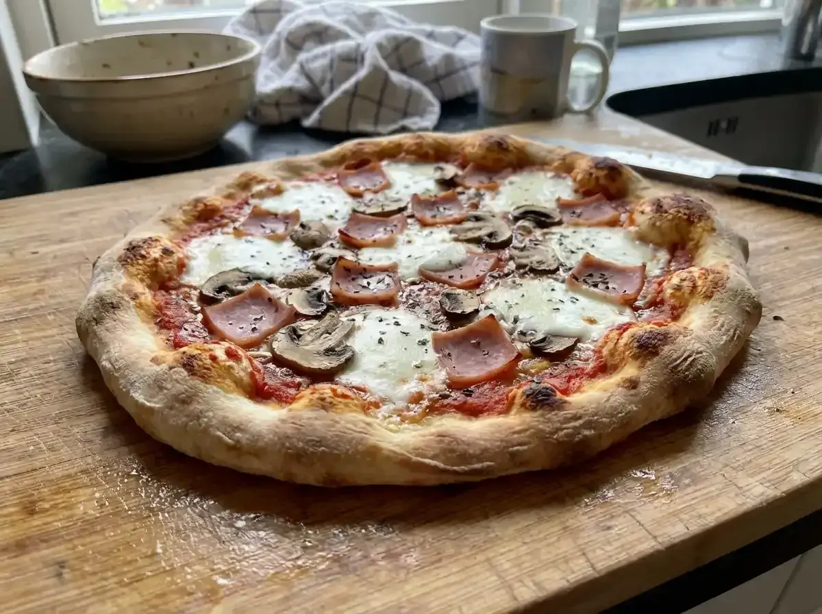 En hemmagjord pinsa med skinka och champinjoner, perfekt för ett mysigt kvällsmål. Detta pinsa recept ser fantastiskt ut!