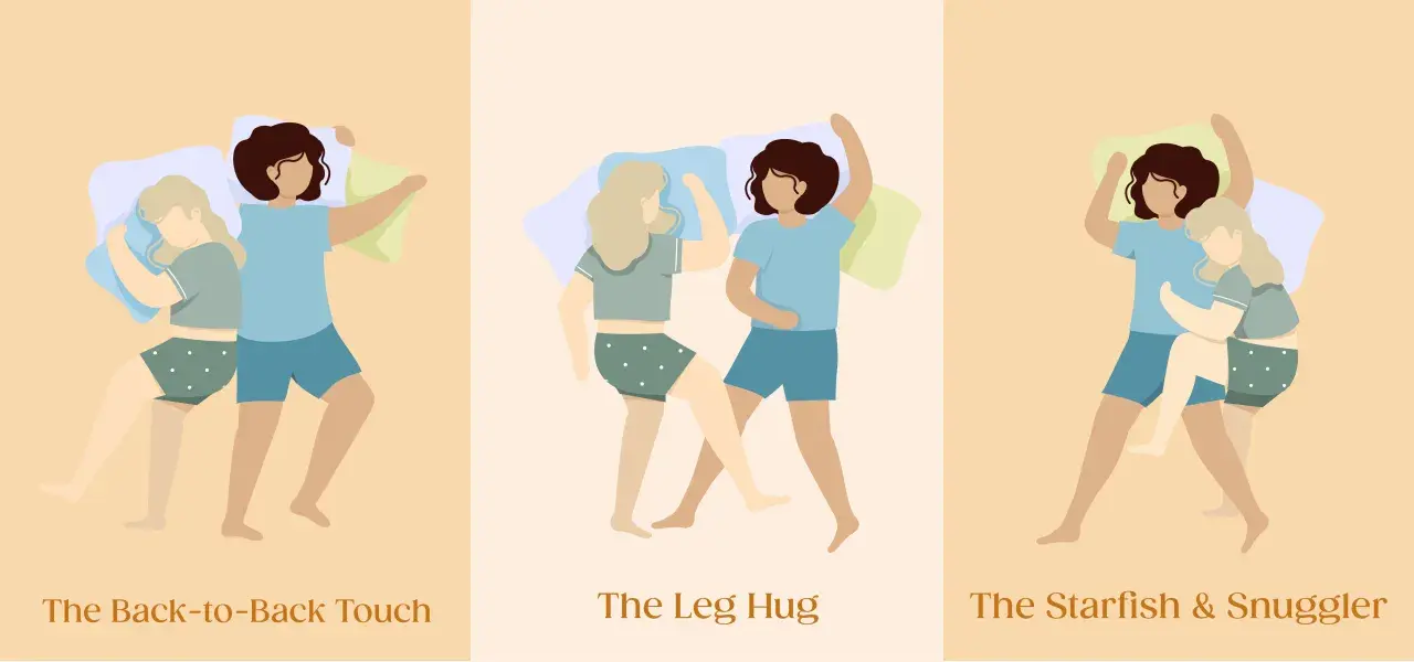 Illustrations of three best spooning positions: back-to-back touch, leg hug, and starfish & snuggler.