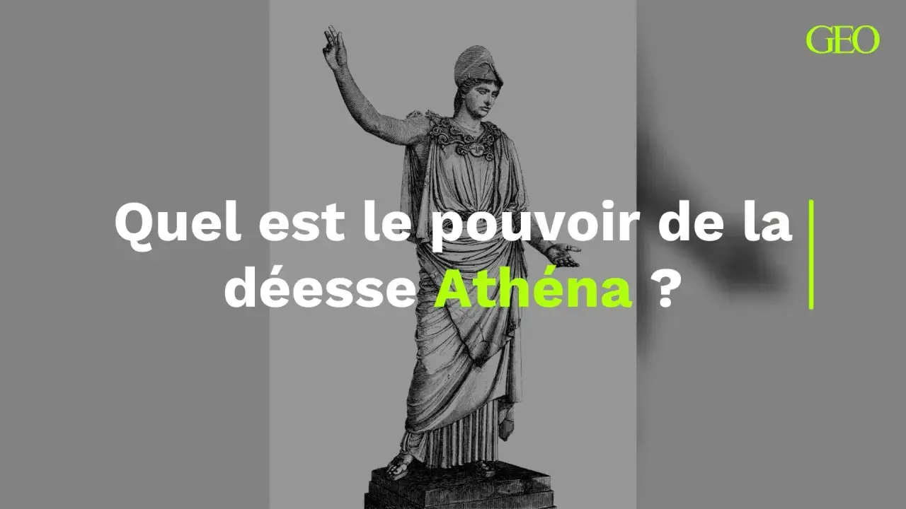Statue d'Athéna, déesse de l'intelligence, portant un casque et une robe drapée. Le texte demande quel est son pouvoir.