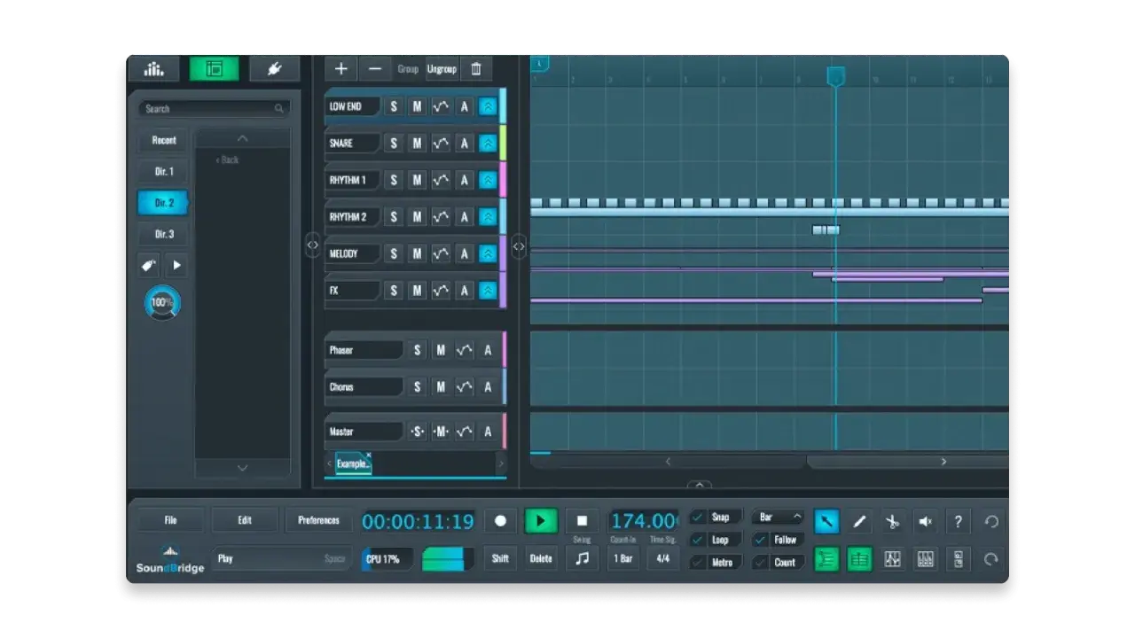 SoundBridge is a free audio recording software for Windows, shown here with a digital audio workstation interface displaying tracks and timeline.