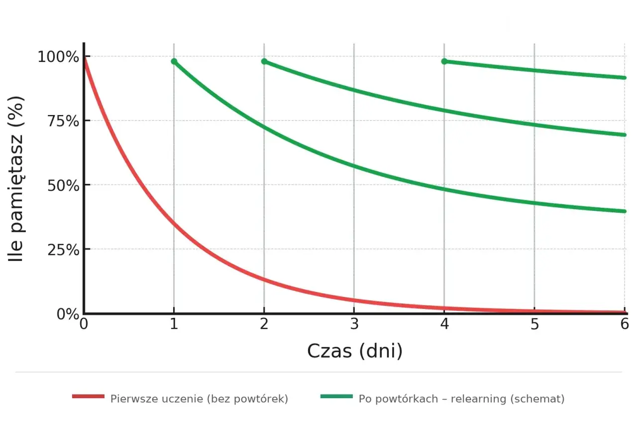 Wykres przedstawiający krzywą zapominania: czerwona linia (pierwsze uczenie) i zielona (po powtórkach).