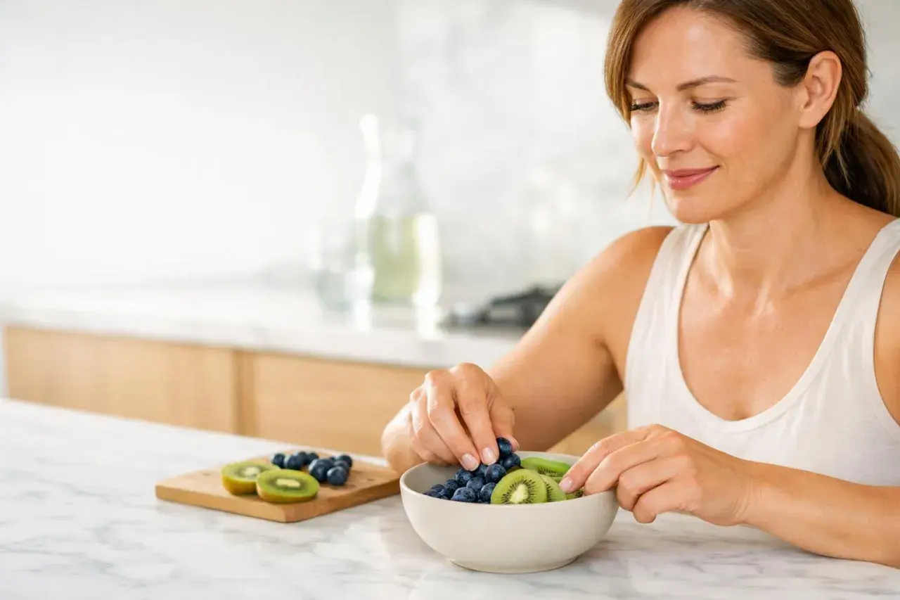 Donna prepara una ciotola di frutta fresca, un'ottima opzione per chi soffre di colon irritabile. Farro e frutta, un connubio salutare.