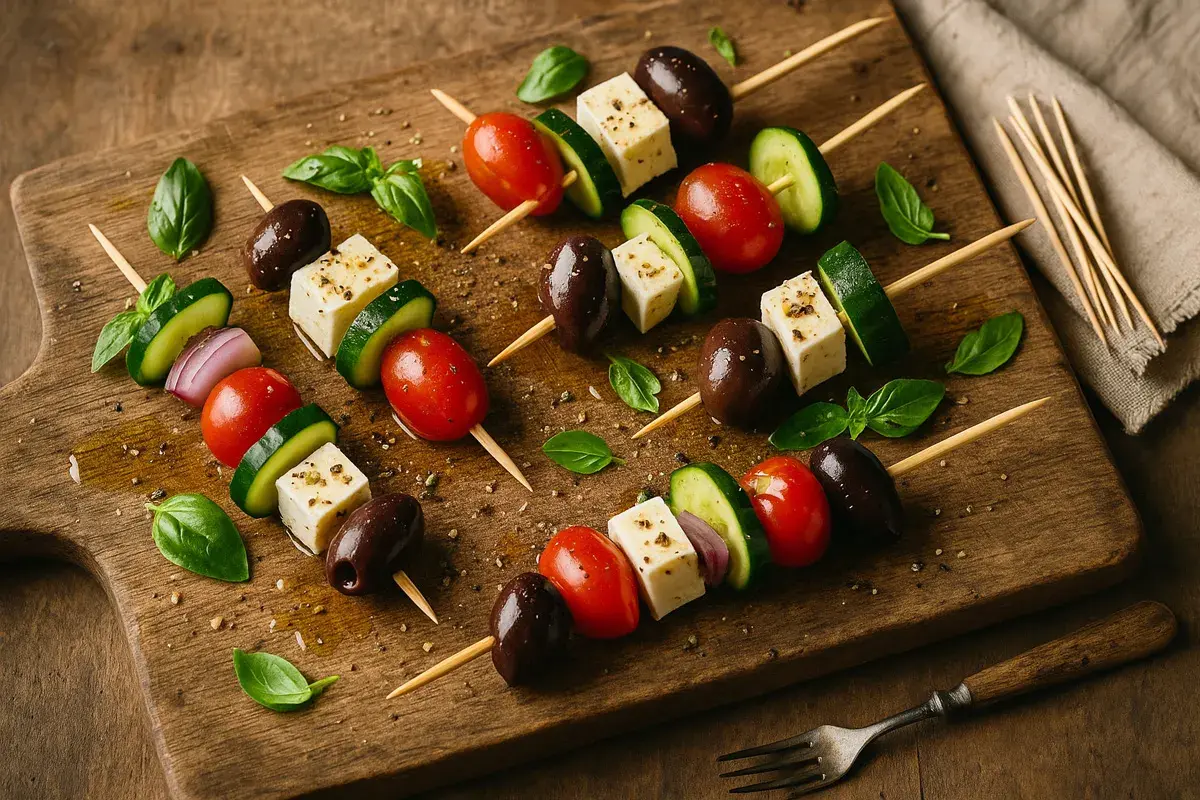 Antipasti-Spieße mit Tomaten, Gurken, Feta und Oliven auf Holzbrett.