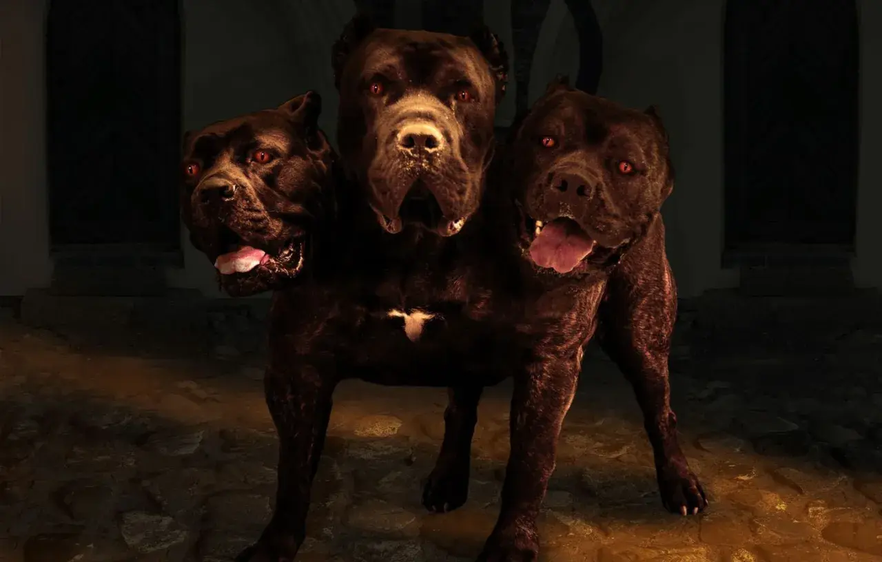 Un chien à trois têtes, aux yeux rouges et aux gueules ouvertes, garde une entrée sombre.