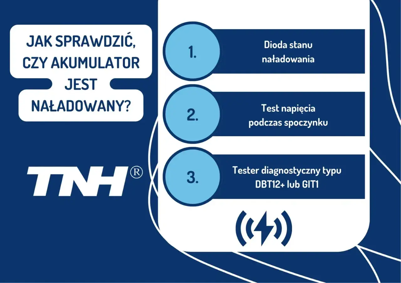 Jak sprawdzić naładowanie akumulatora: dioda stanu, test napięcia, tester diagnostyczny. Logo TNH.