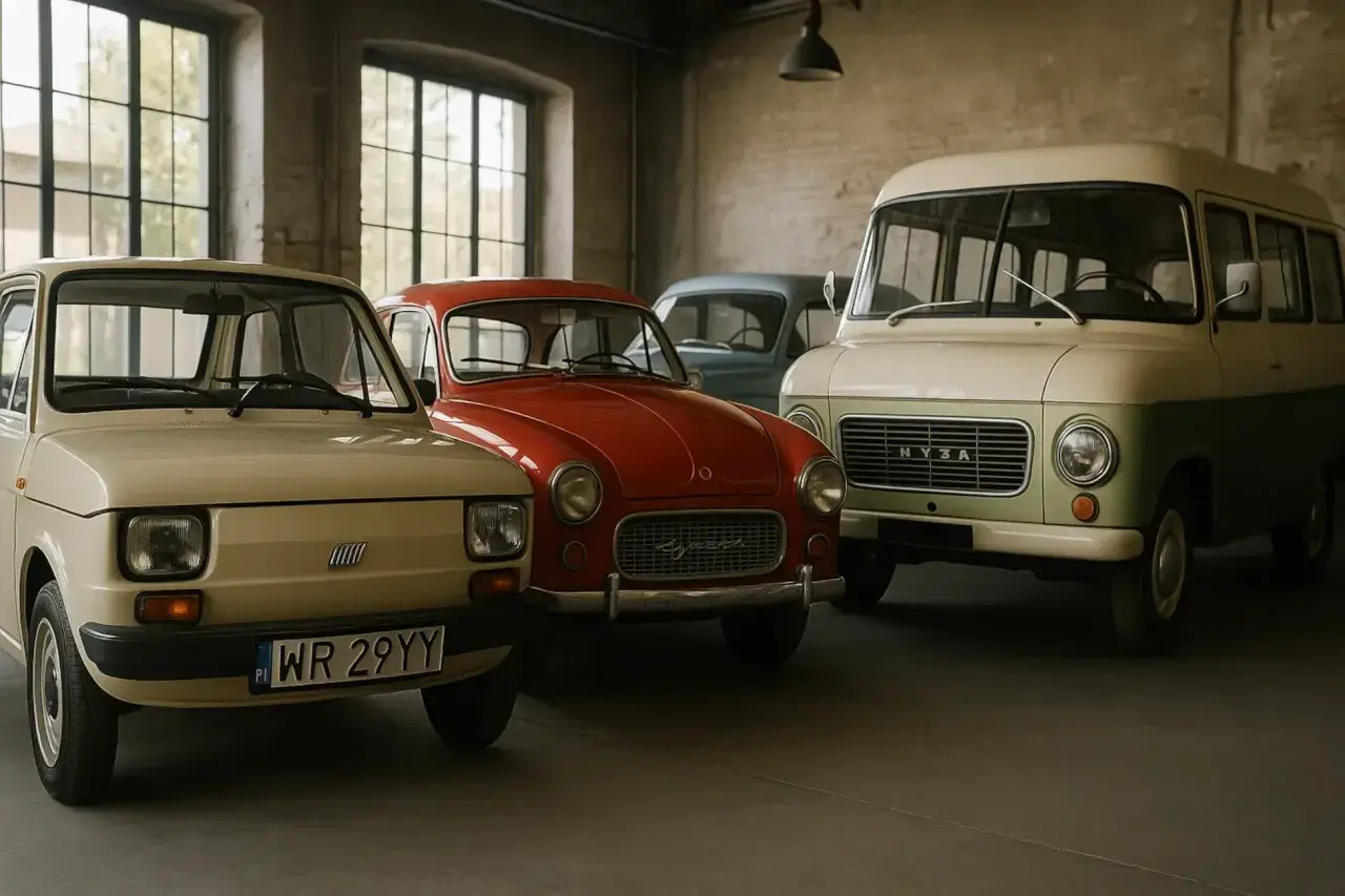 Kolekcja klasycznych, polskich marek samochodów: Fiat 126p, Syrena i Nysa.