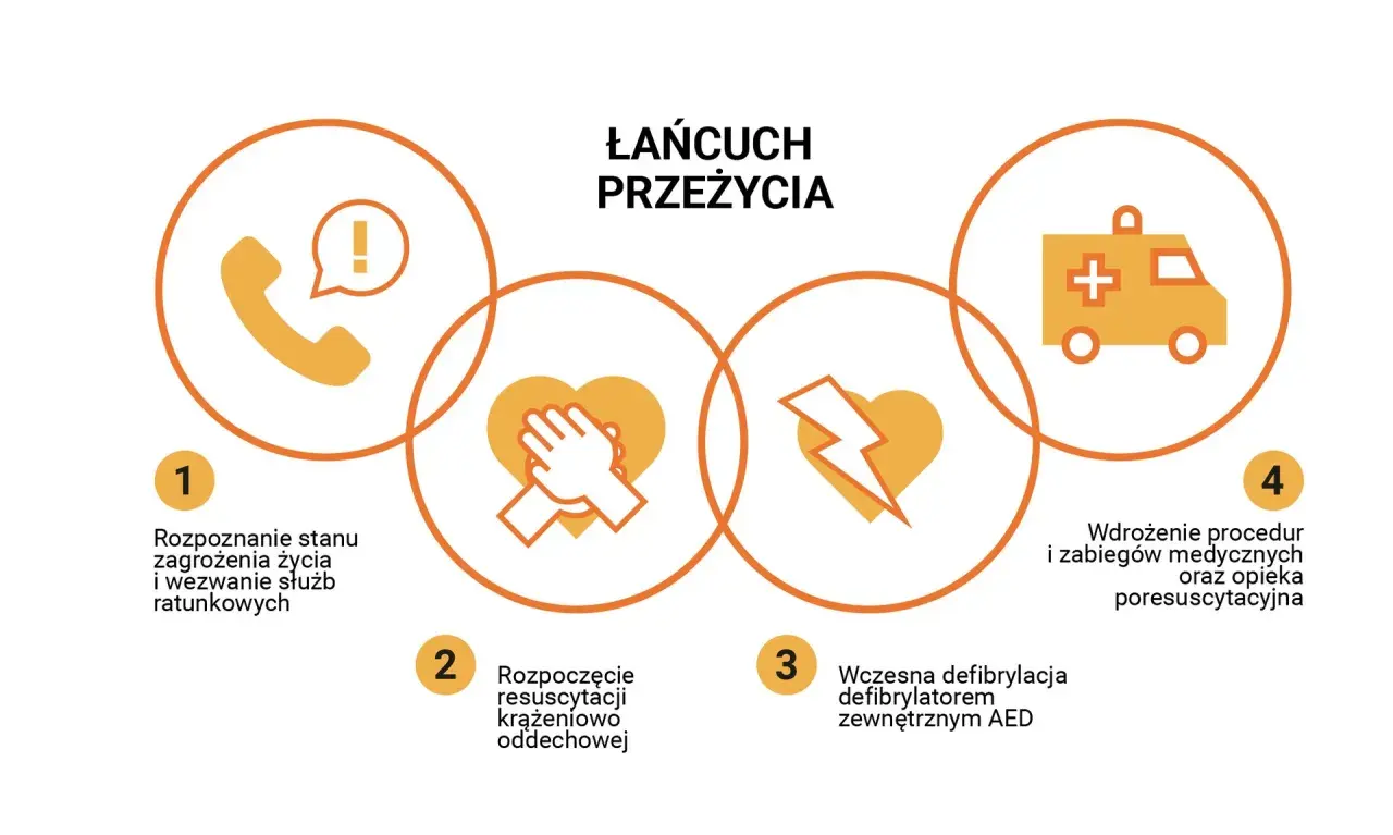 Łańcuch przeżycia: rozpoznanie, RKO, AED, opieka medyczna. Kluczowe etapy pierwszej pomocy u dzieci.