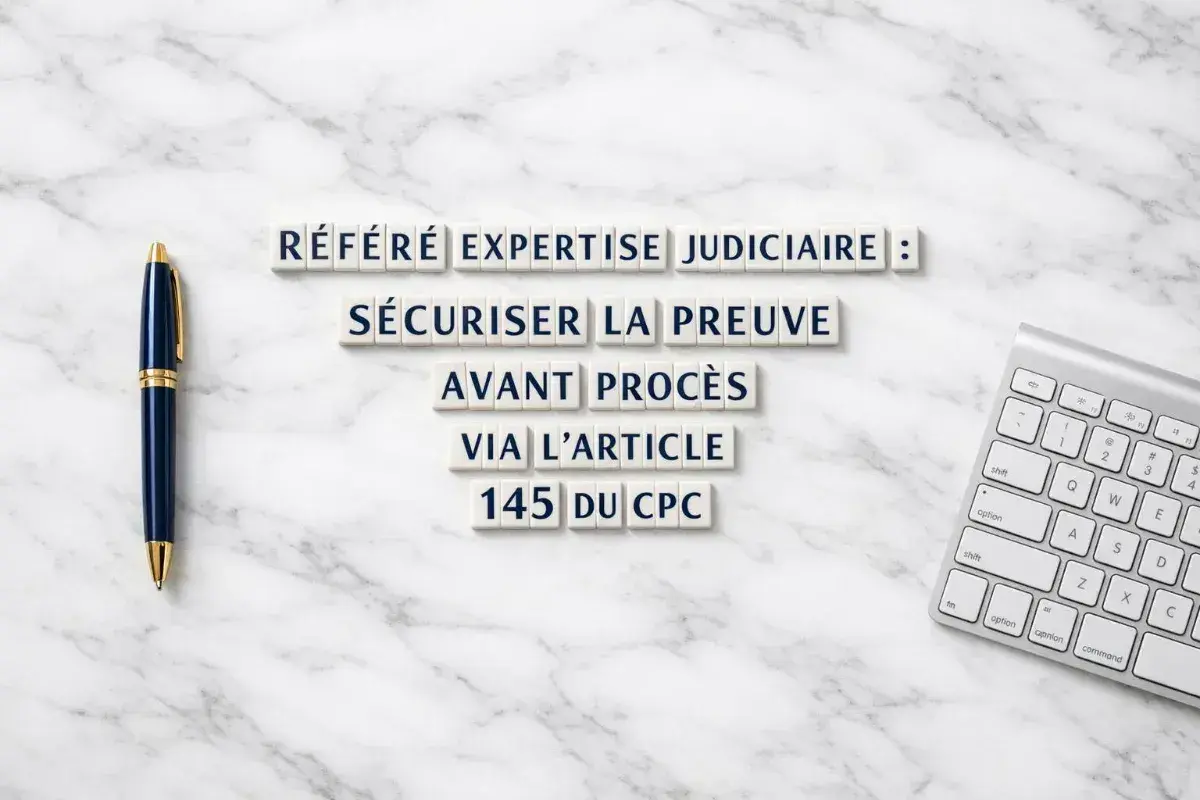 Un stylo et un clavier sur fond marbre. Des lettres forment "Référé expertise judiciaire : sécuriser la preuve avant procès via l'article 145 du CPC".