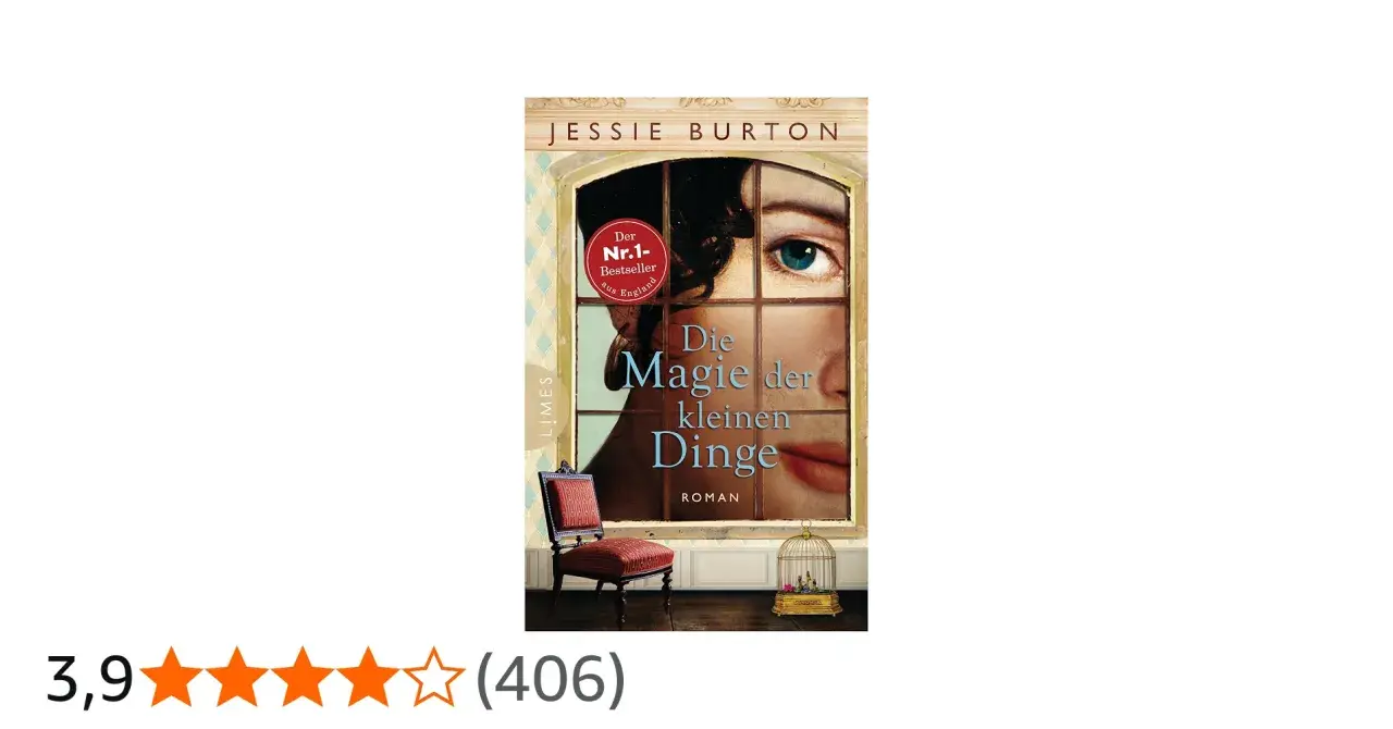 Jessie Burtons Roman "Die Magie der kleinen Dinge" zeigt ein Auge und Lippen hinter einem Fenster. Ein Sessel und ein Vogelkäfig deuten auf die Magie der kleinen Dinge hin.