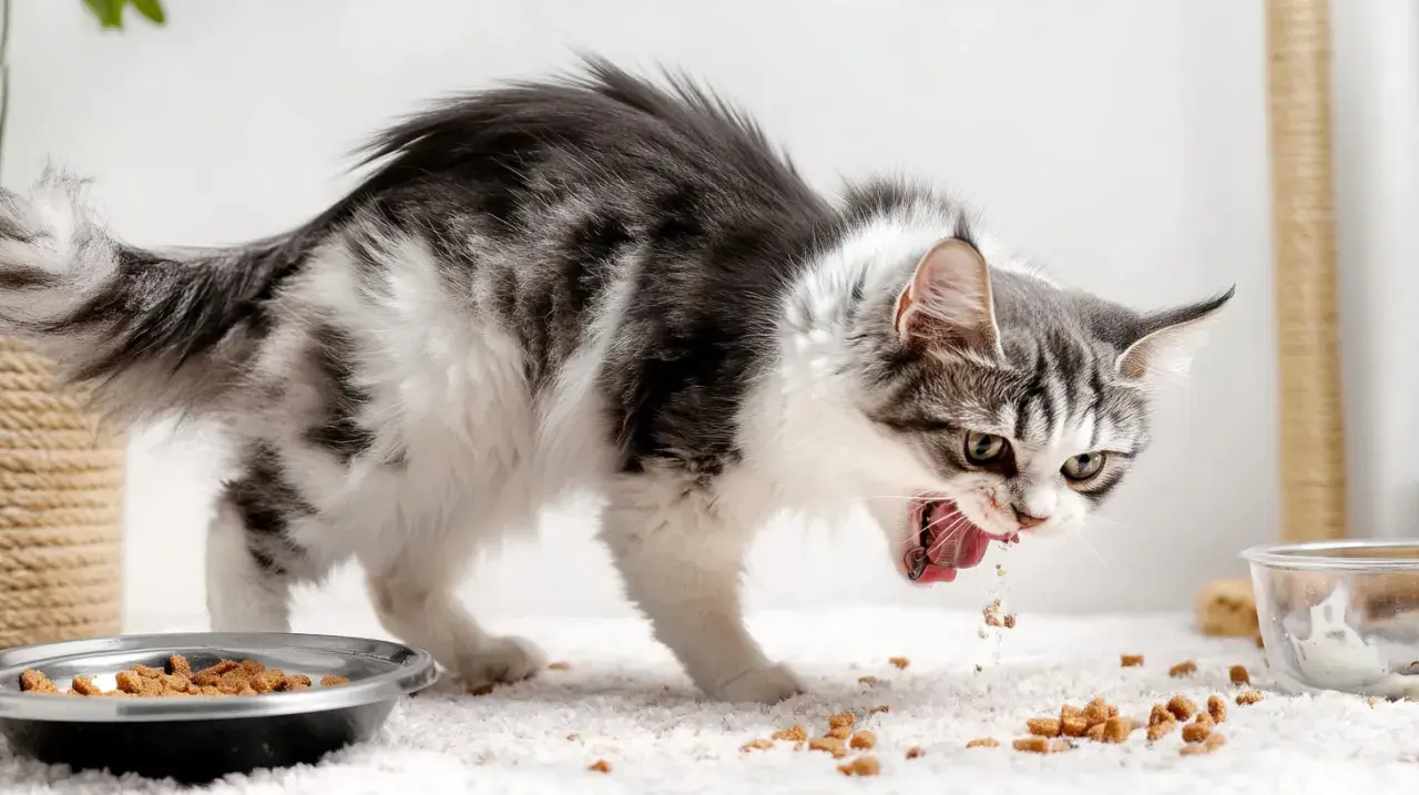 Gato comiendo con avidez, quizás buscando la valeriana para gatos que le da energía.